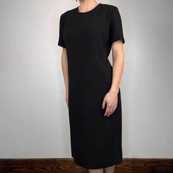 Black Midi Sheath Dress – Classic Little Black Dress, Minimalist Short Sleeve - Picture 4 of 11